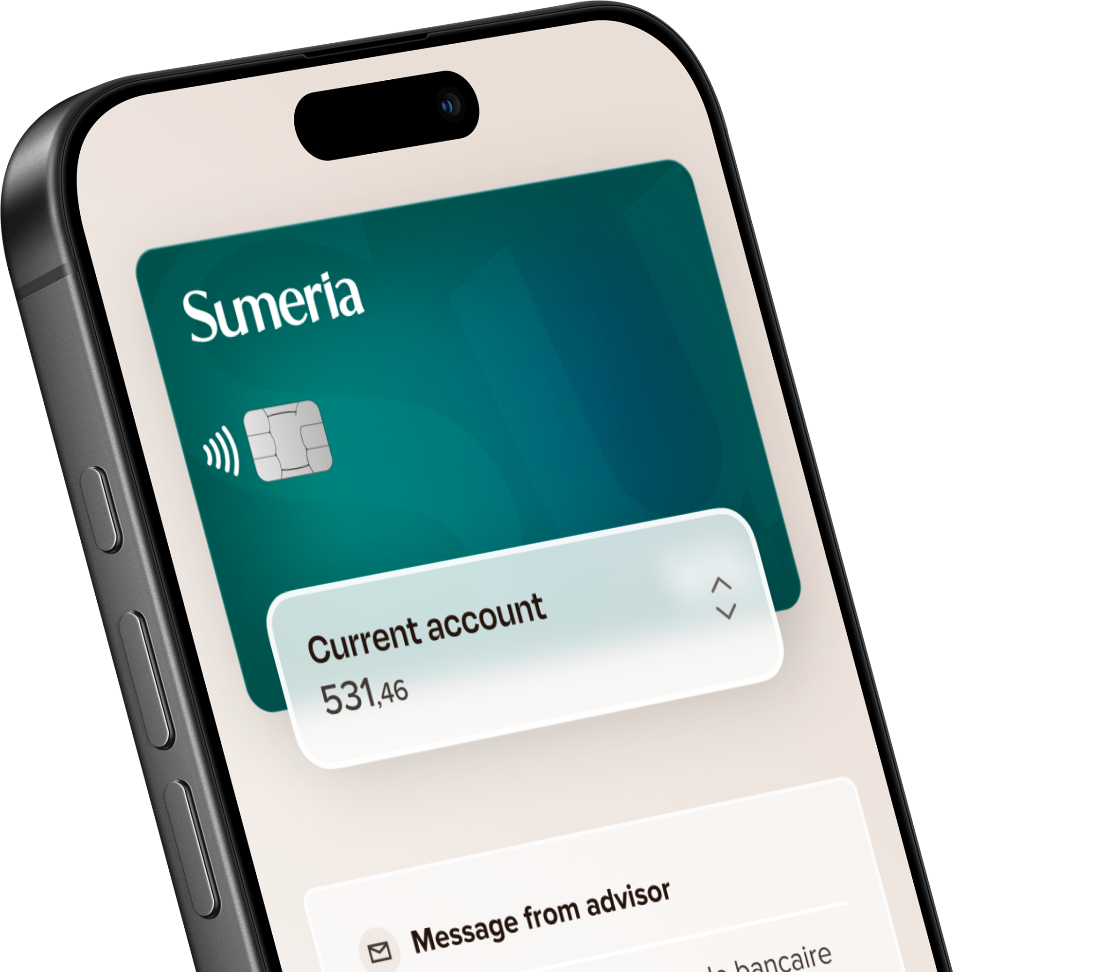 Mockup of a phone with the sumeria app opened.