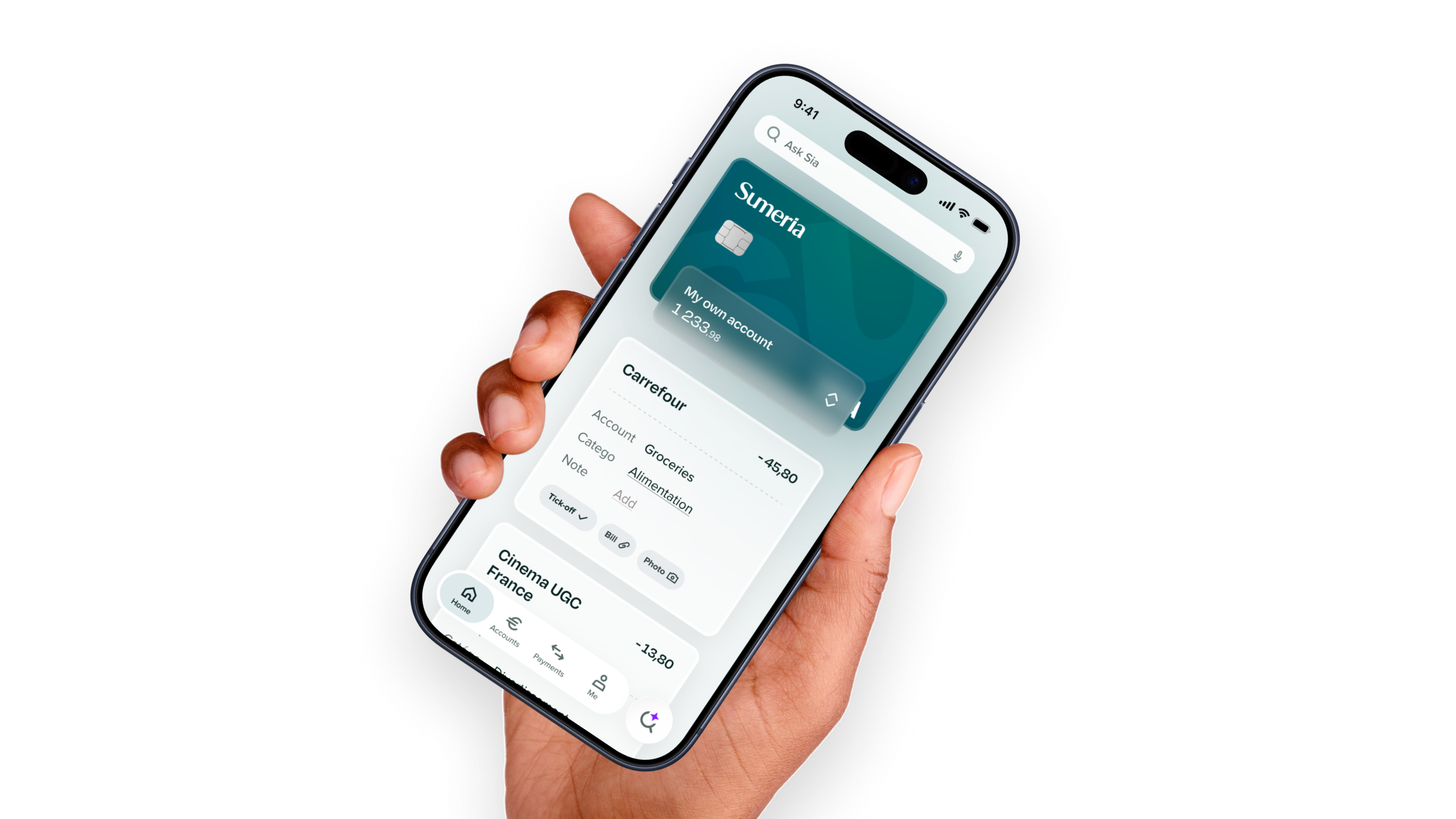 Mockup of a phone with the sumeria app opened.