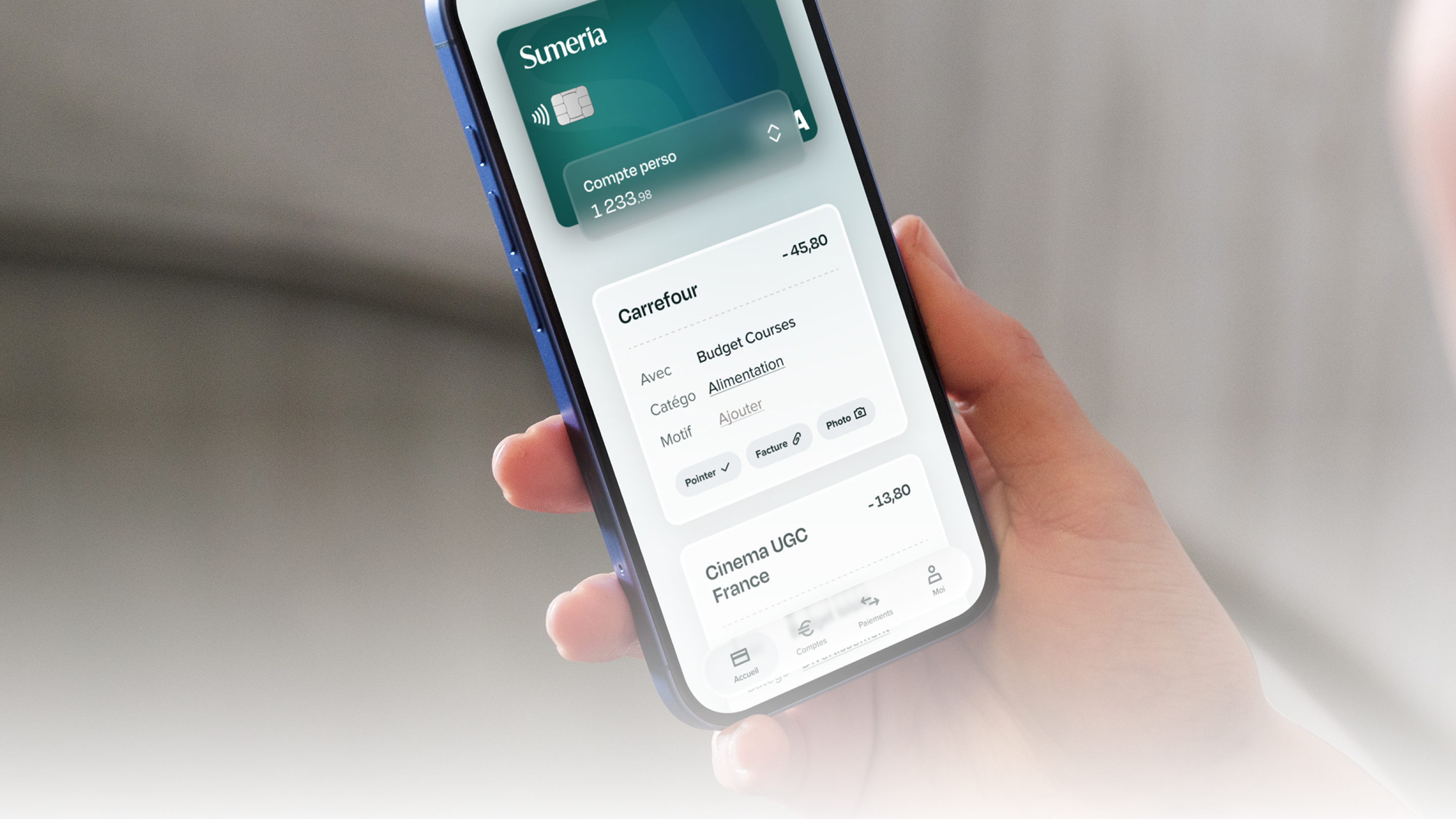 Mockup of a phone with the sumeria app opened.