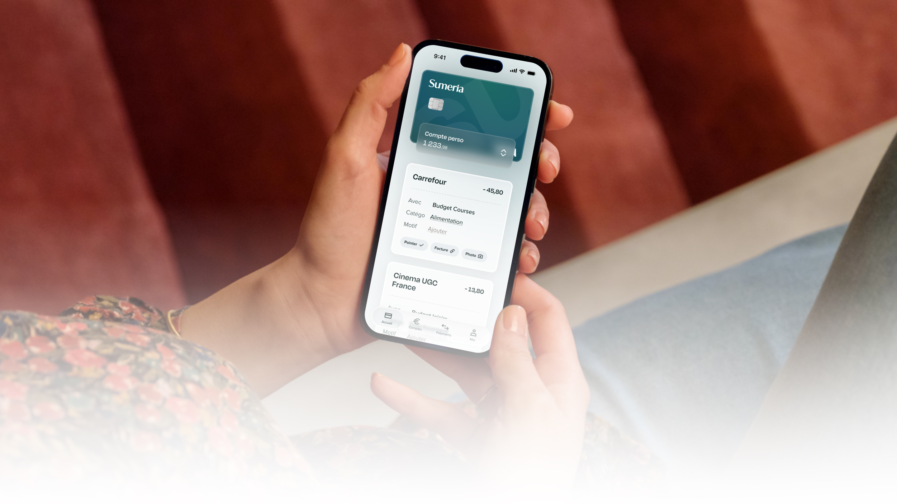 Mockup of a phone with the sumeria app opened.