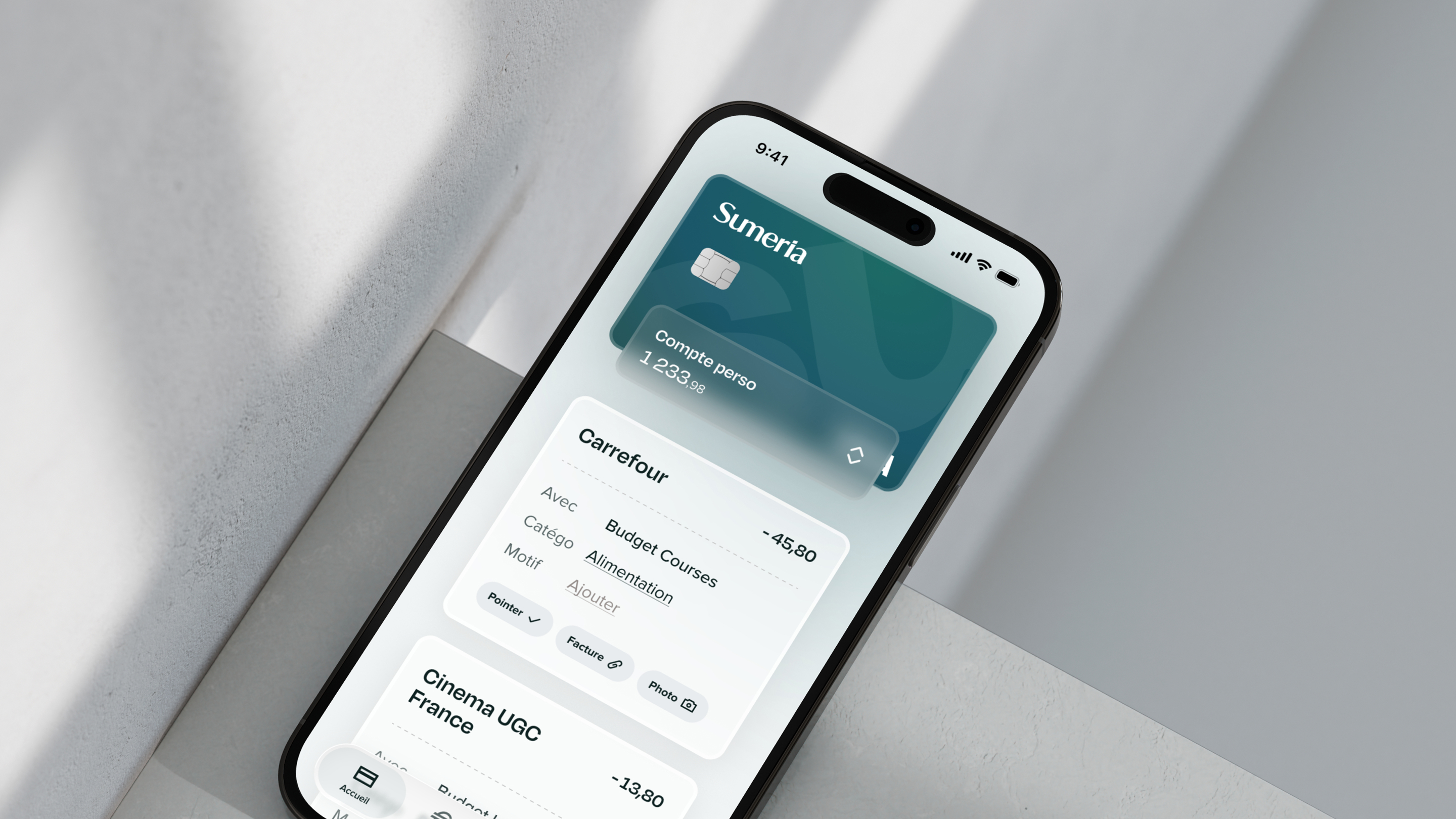 Mockup of a phone with the sumeria app opened.