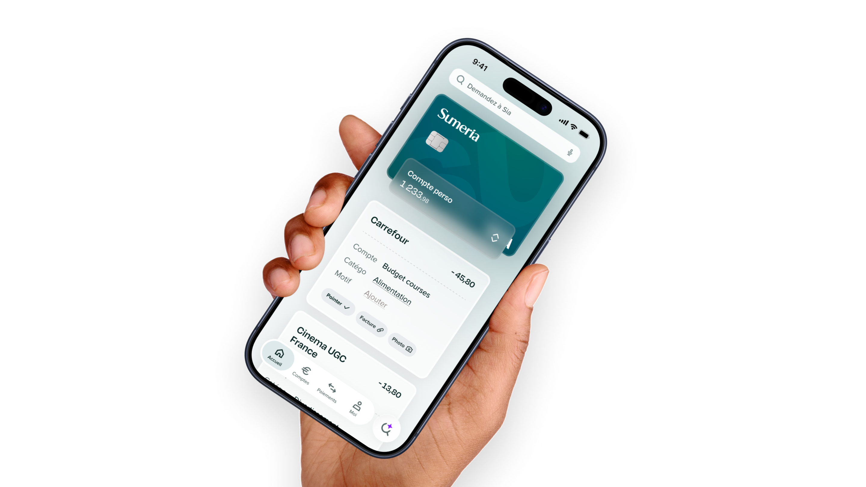 Mockup of a phone with the sumeria app opened.